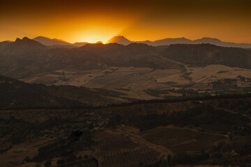 Sunset over Ronda, a historic town in the Malaga province of Andalusia, Spain.