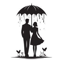 A Romantic couple holding umbrella silhouette and Vector