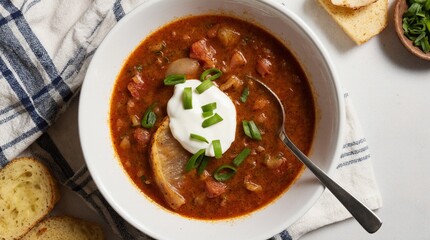 Traditional Ukrainian borscht served in bowls with fresh onion and salo. Authentic Eastern European cuisine, homemade comfort food, national heritage meal.