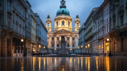 St Stephens Basilica at Dusk Reflecting Lights in Budapest