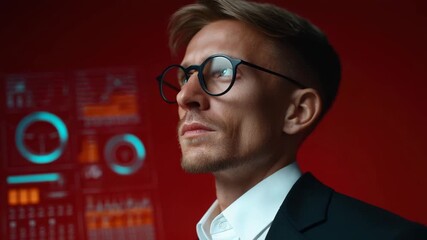 Young man with glasses in suit analyzing futuristic digital interface displaying data and charts, showcasing innovation, technology, and business intelligence in modern environment - Powered by Adobe