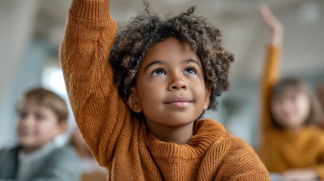 Young student raises hand eagerly during classroom discussion in a bright, engaging teaching environment - Powered by Adobe