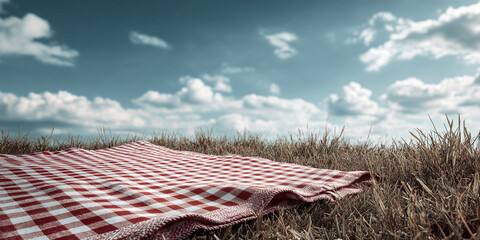 Red picnic blanket on grass field under sunny sky, outdoor leisure background - AI generated