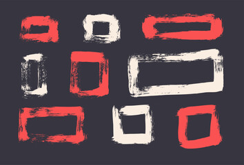 Acrylic paint square shapes brush stroke set. Red and white paint rectangle frames elements on black background. Grunge textured geometric pattern. Rough scribble figures. Vector illustration.