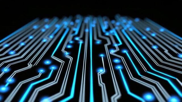 Blue glowing circuit board with illuminated pathways and nodes creating futuristic technology pattern digital electronic network effect on dark background