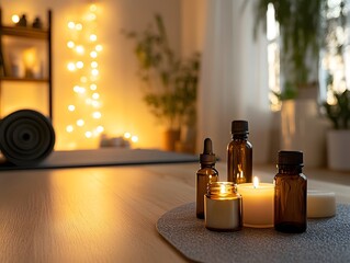 Relaxation setup with essential oil bottles and candle for wellness concept