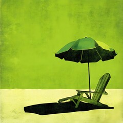 Green beach scene illustration of chair and umbrella creating summertime bliss