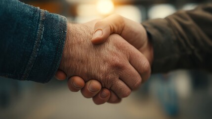 Two individuals shaking hands in a professional setting, symbolizing a business agreement, partnership, deal, teamwork,