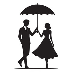A Romantic couple holding umbrella silhouette and Vector