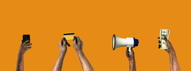 4 in 1 collage a creepy zombie hand holding a loudspeaker, smartphone, bank card, and money