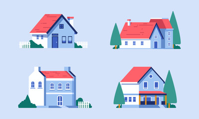Colorful vector illustration of four houses with red roofs, modern flat design, real estate concept.