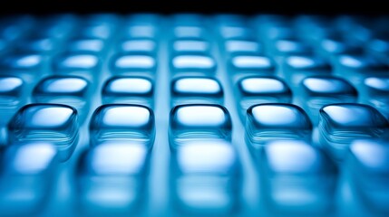 A close-up view of glossy square keycaps on a computer keyboard illuminated by soft blue backlighting,