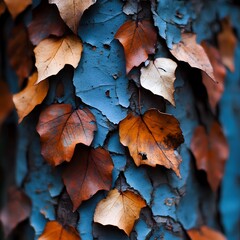 Autumn leaves climbing on a blue bark tree trunk in a fall season