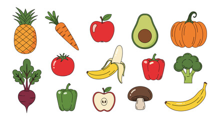 A colorful assortment of fresh fruits and vegetables pixel art.