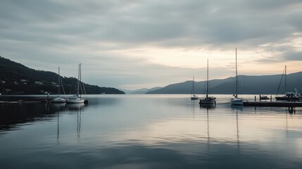 Obraz premium Scenic Harbor with sailboats floating peacefully on calm water