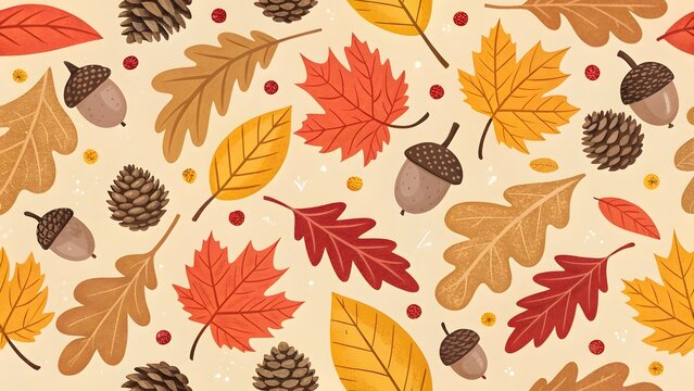 Seamless texture of falling autumn leaves mixed with acorns and pinecones for a woodland-inspired seasonal background.