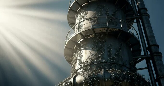 Industrial structure covered in foliage with sunlight streaming through
