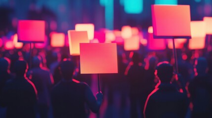Futuristic Protest Crowd with Glowing Neon Signs in Soft Diffuse Lighting