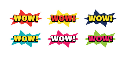 WOW Comic Burst Badges, Retro Pop Art Exclamation Graphics, Vibrant Explosive Speech Bubble Elements, Bold Typographic Sticker, Label for Posters, Social Media and Merchandise