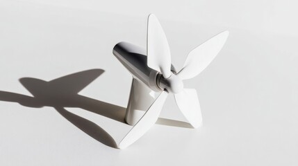 A sleek three-dimensional model of a modern desk fan with four white blades and a cylindrical handle,