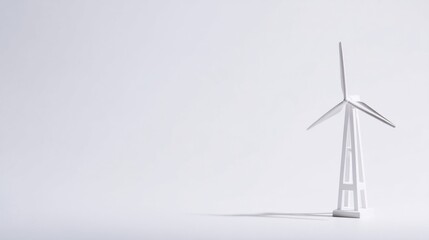 A sleek wind turbine model with three blades stands against a plain white background,