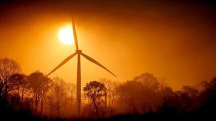 Wind turbine silhouette against vibrant orange sky during golden hour, large sun behind blades,