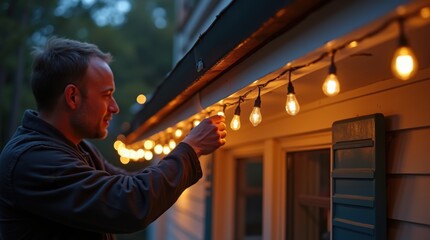 Candid evening scene of hands on a ladder attaching warm twinkle string lights along roof eaves, cozy festive glow

