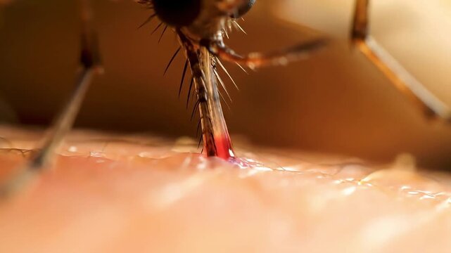Close-up Macro Shot of Mosquito Feeding on Human Skin Proboscis Piercing Epidermis and Sucking Blood Detailed Scientific View of Insect Blood Meal