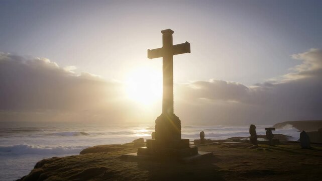 A majestic cross stands on a cliff as the sun sets, bathing the landscape in warm light. The waves crash gently against the rocks below, creating a serene atmosphere