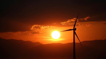 A large wind turbine stands silhouetted against a vibrant orange sunset sky with mountain ridges fading into the horizon