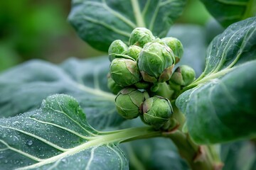Brussels sprout on stem with tiny cabbage-like buds 