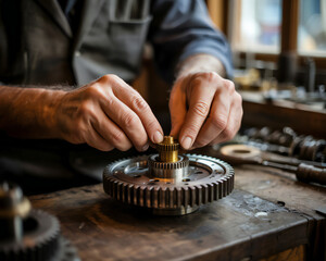 Skilled craftsman s hands meticulously assembling intricate metal gears and clockwork mechanisms on a workbench