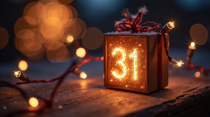 Square, cozy setup with fireworks packaging placed next to a December 31 calendar page; gentle string lights in the background add festive mood

