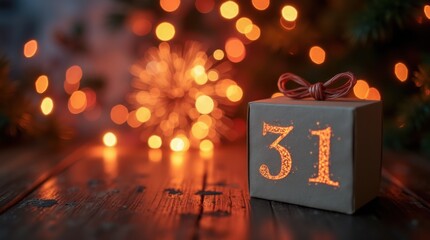 Square, cozy setup with fireworks packaging placed next to a December 31 calendar page; gentle string lights in the background add festive mood

