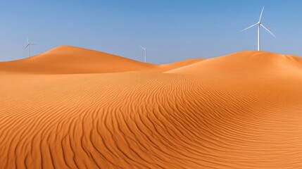 Arid desert landscape with undulating sand dunes featuring intricate ripples, warm orange hue under clear blue skies,