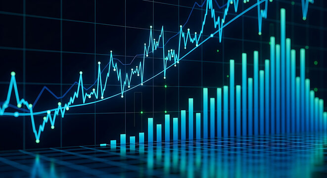 Abstract financial graph with blue bars and line chart showing upward trend on dark background