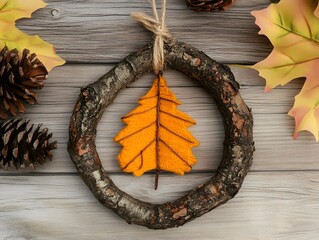 Fall Wreath with Yellow Leaves and Pine Cones on Rustic Wooden Background