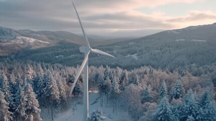 Majestic snow-covered landscape at dawn or dusk featuring a tall wind turbine with three long blades amidst a dense fore