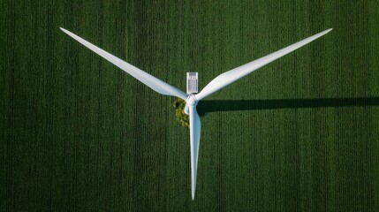 Overhead view of a modern wind turbine in a green agricultural field with neatly arranged crops, sleek white blades,
