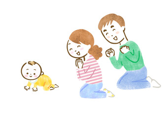 ハイハイする子供を見て喜ぶ両親の手描きイラスト