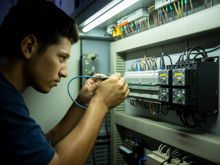 Focused electrician carefully inspecting and working on a complex electrical control panel with wires and components