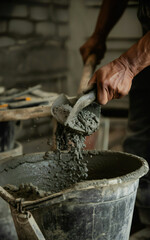 Close up of a craftsman s hands pouring gravel into a bucket for construction or renovation work