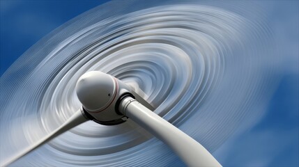 A close-up view of wind turbine blades and hub from below against a clear blue sky,