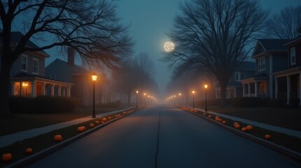 Vertical view of a quiet neighborhood street with glowing porch lanterns and light fog, scattered pumpkins add a gentle Halloween touch

