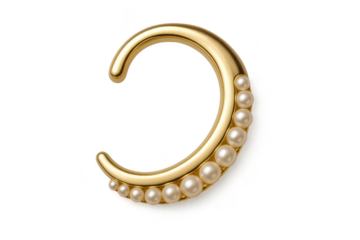 Elegant gold ear cuff with pearls isolated on transparent background cutout