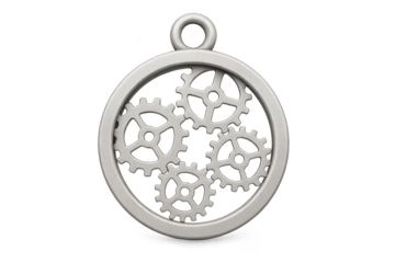 Gear mechanism inside a silver frame, isolated on a transparent background, machine part