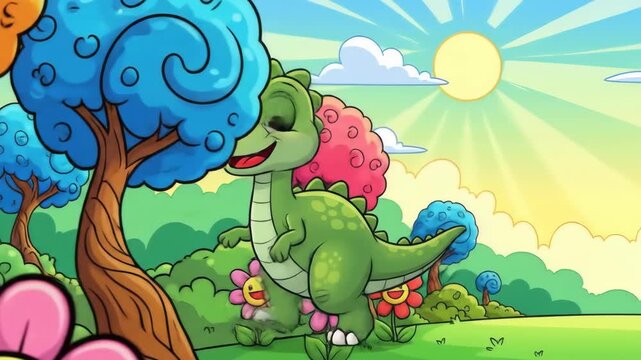 Adorable Green Cartoon Dinosaur Strolling in a Vibrant, Sunny Prehistoric Landscape with Colorful Trees and Flowers.
