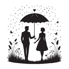A Romantic couple holding umbrella silhouette and Vector