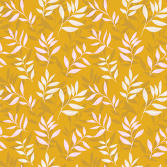 Seamless vector pattern featuring delicate white and pink leaves on a mustard yellow background. The design is modern and elegant for textiles, wallpapers, and decorative purposes