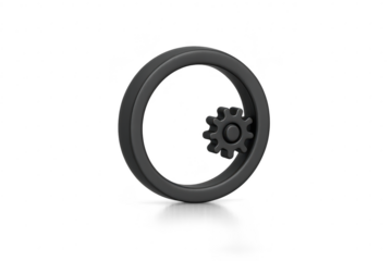 Stylized gear and ring, metallic gray, isolated on transparent background